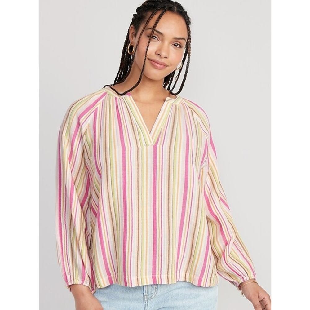Old Navy Long-Sleeve Striped Split-Neck Top Size L Tall Beachy‎ Gauzy Vacation